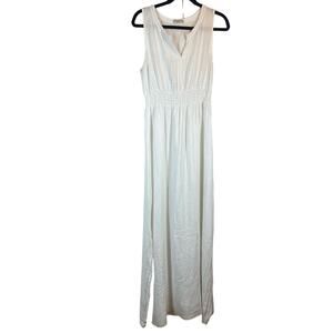 Terzo Millennio 100% linen side slit empire smocked waist Maxi Dress Cover up